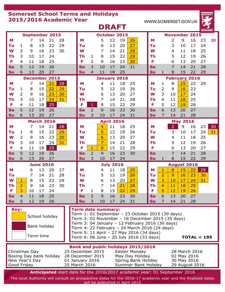 Draft Somerset School Terms And Holidays 2015