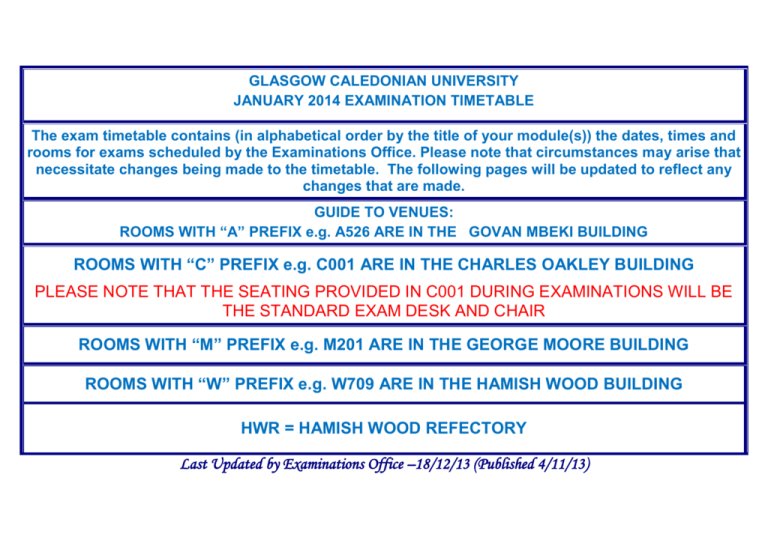 The Exam Timetable Contains Glasgow Caledonian University