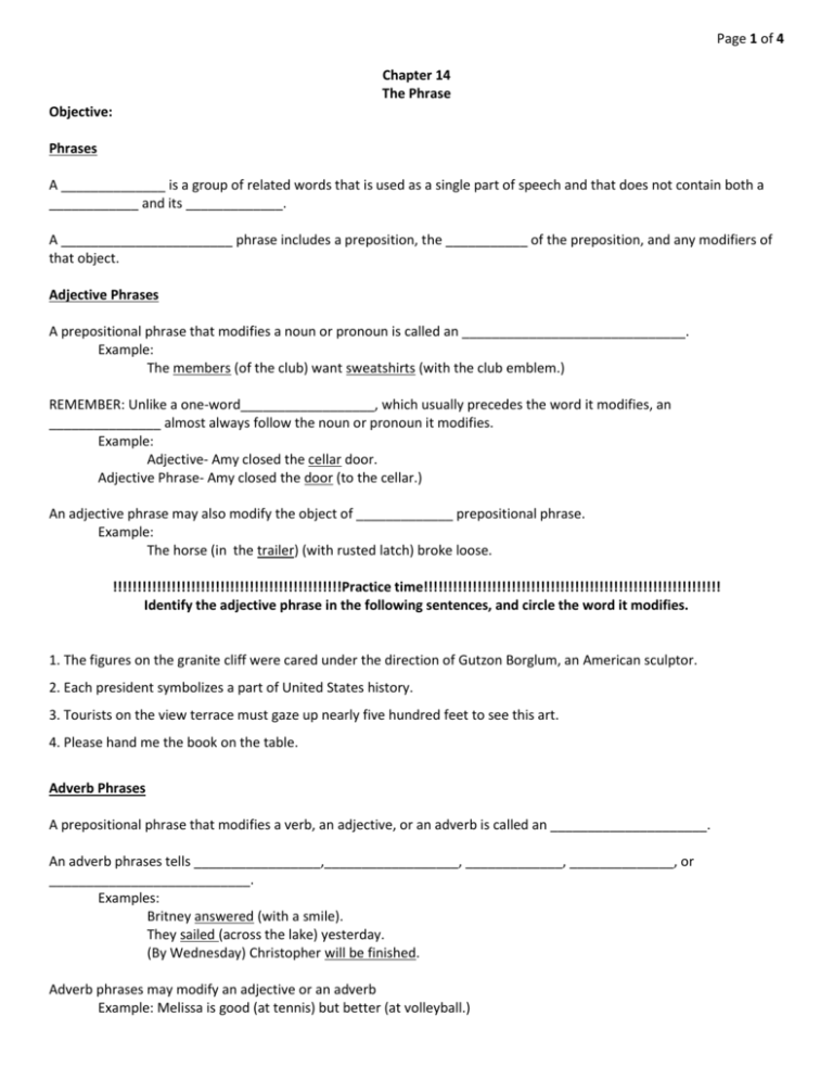 Page 1 Of 4 Chapter 14 The Phrase Objective Phrases A Is A Group