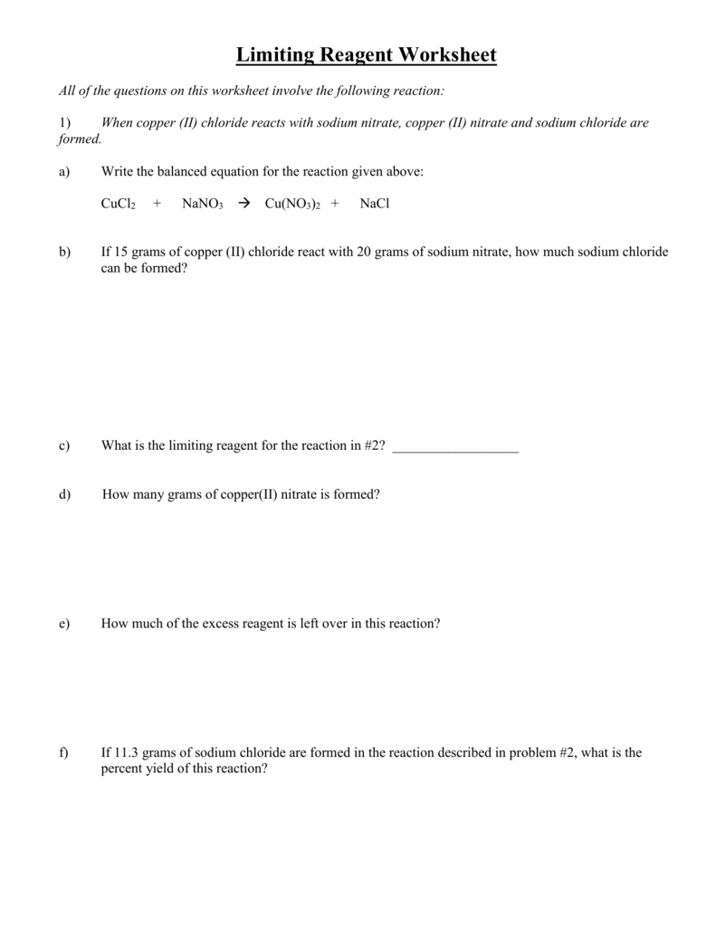 Limiting Reagent Worksheet With Limiting Reactant Worksheet Answers