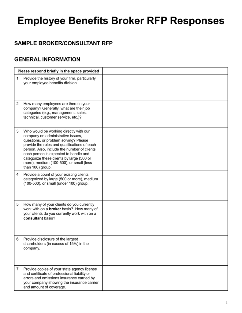 Employee Benefits Broker Questionnaire Comparison Form