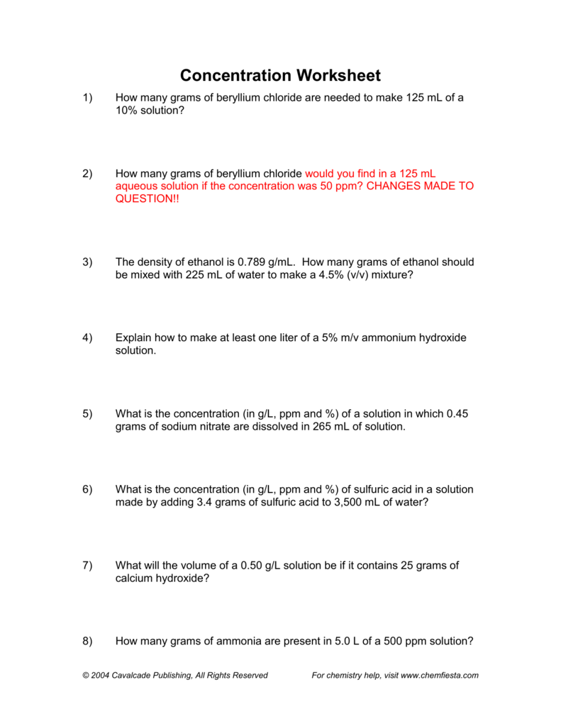Solution Concentration Worksheet Answers