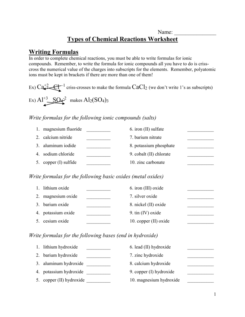 Types of Chemical Reactions Worksheet With Chemical Reactions Types Worksheet