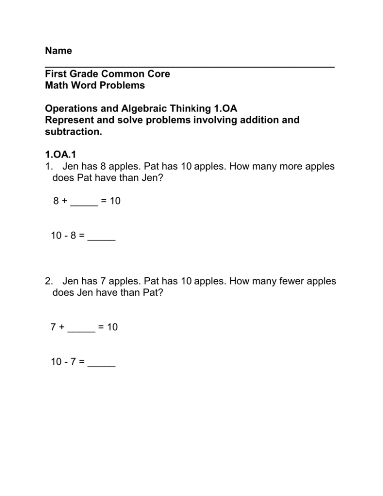 Grade 5 Common Core Math Word Problems Worksheets
