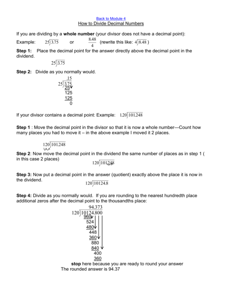 How To Divide Decimal Numbers