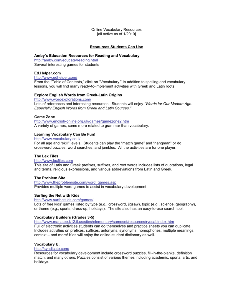 Online Vocabulary Resources - The Ohio Literacy Alliance