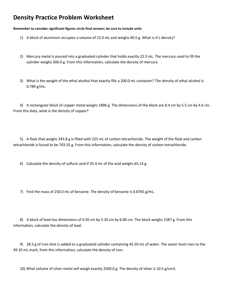 Density Practice Problem Worksheet Answers A Block Of Aluminum