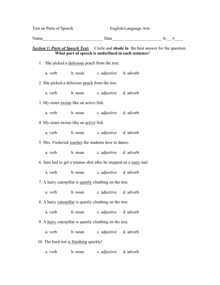 Test On Parts Of Speech