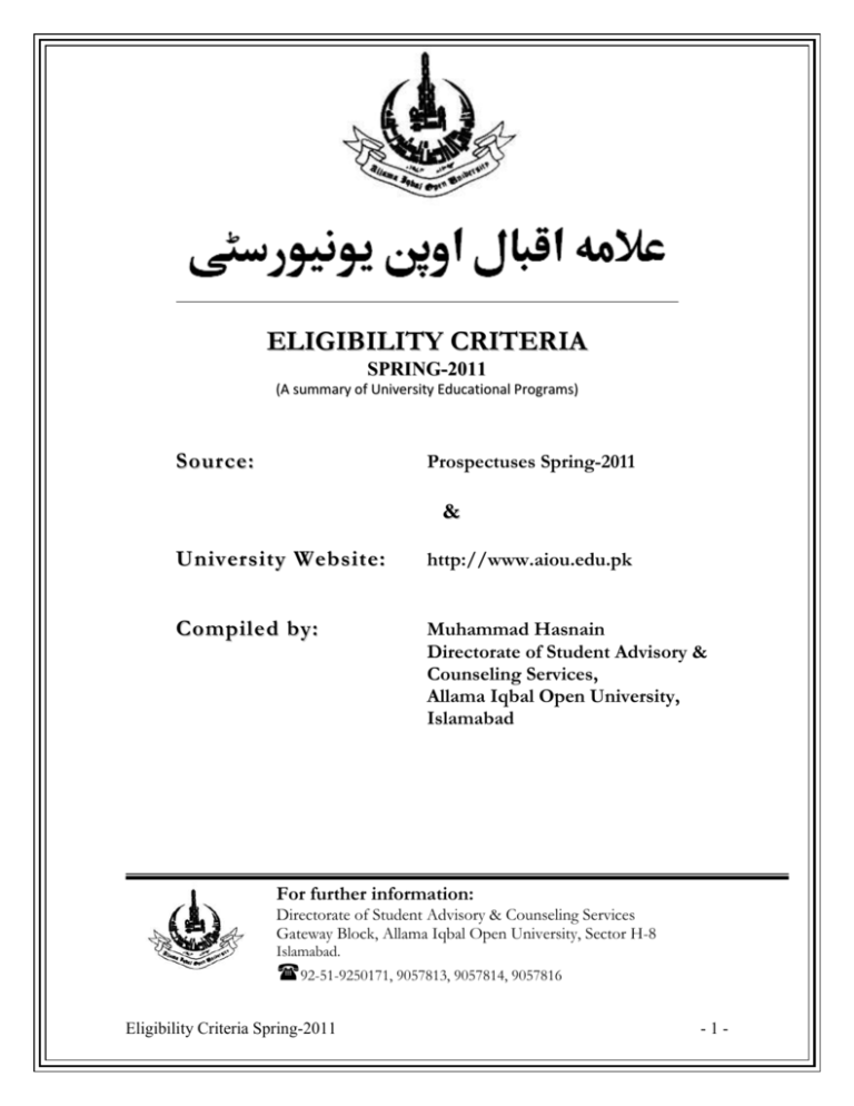 Eligibility Criteria Spring 2011 Semester