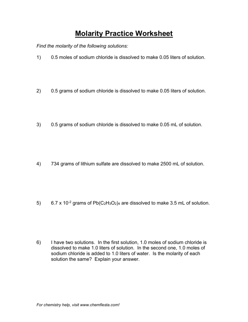 Molarity Practice Worksheet Pertaining To Molarity Practice Worksheet Answer
