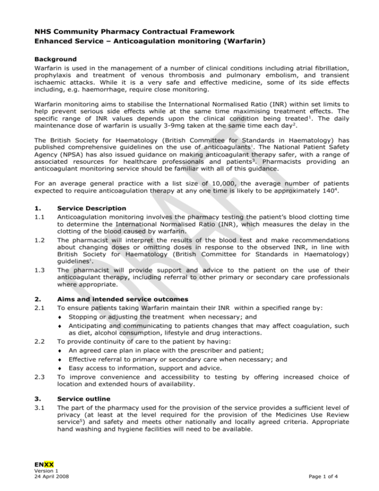 Supplementary Service Anticoagulant monitoring