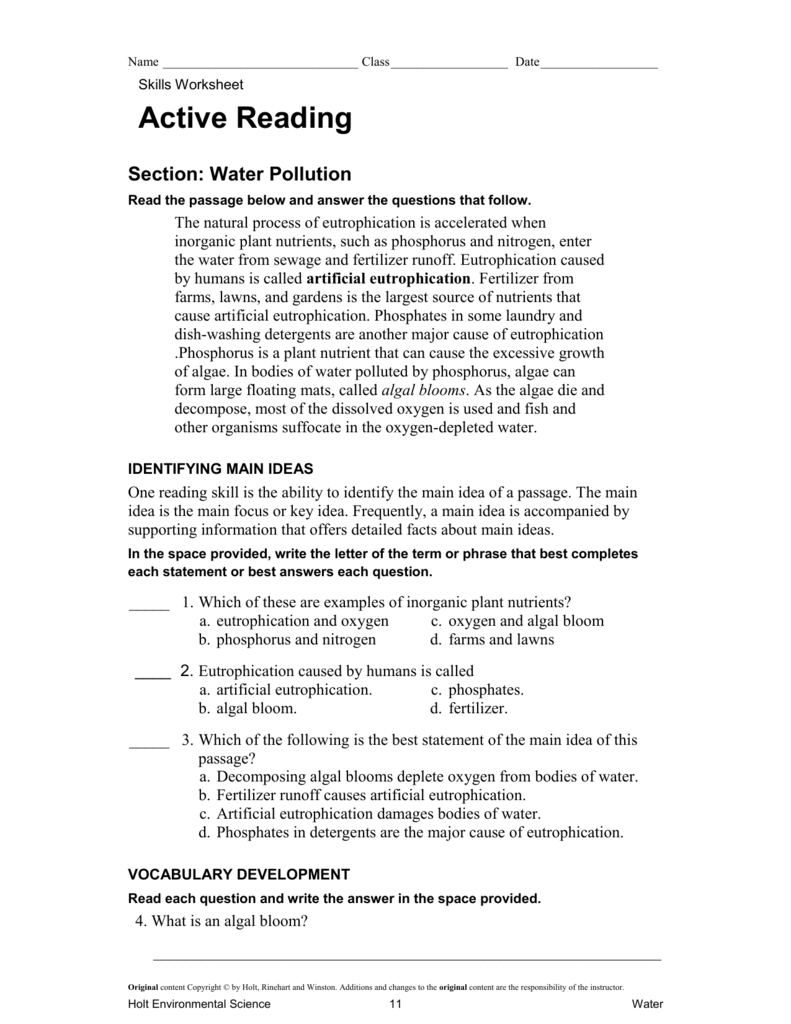 Skills Worksheet Active Reading Answer Key Water Pollution - Sandra