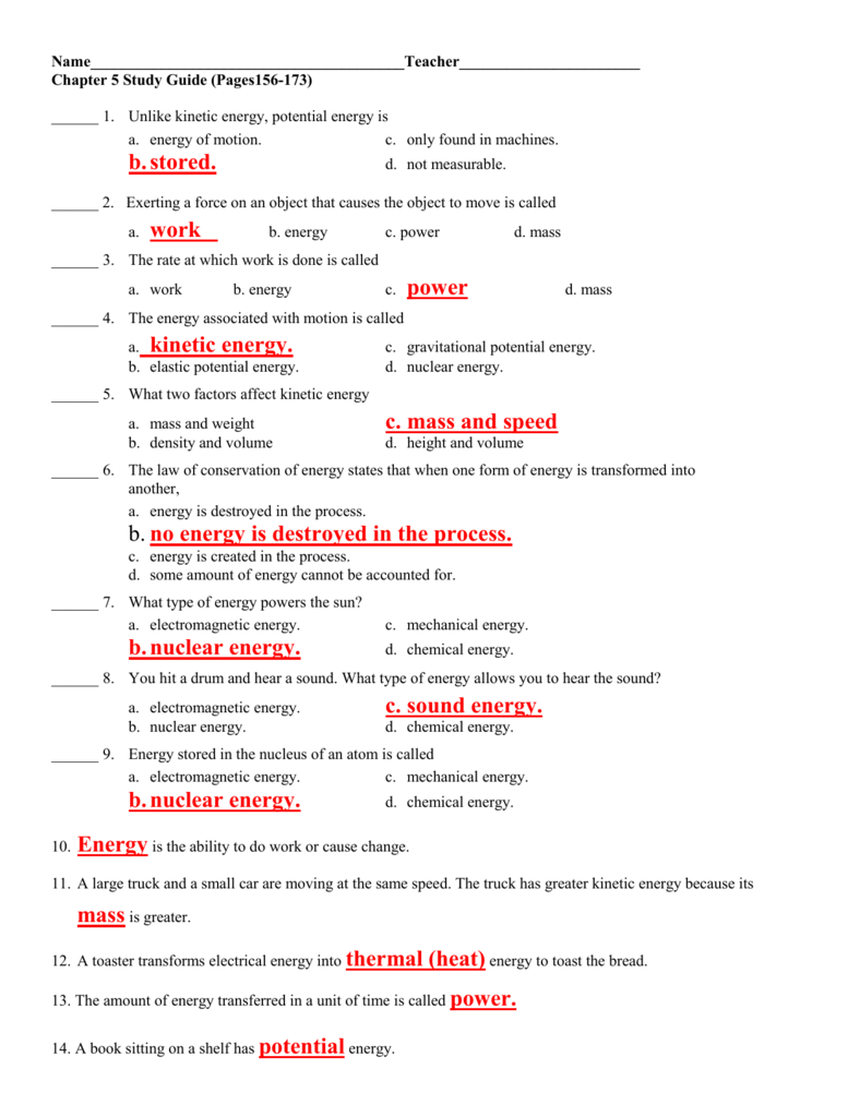 conservation of energy assignment answer key