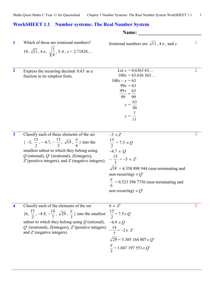 Real Number System Worksheet With Answers Page 2