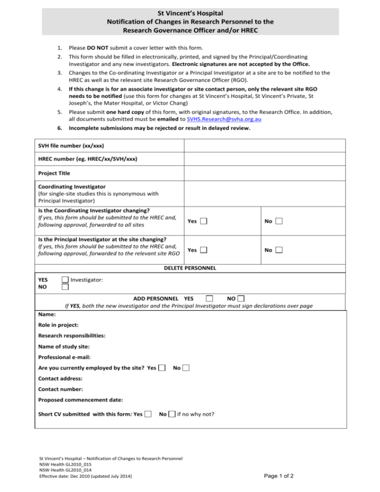 Notification of Changes in Research Personnel