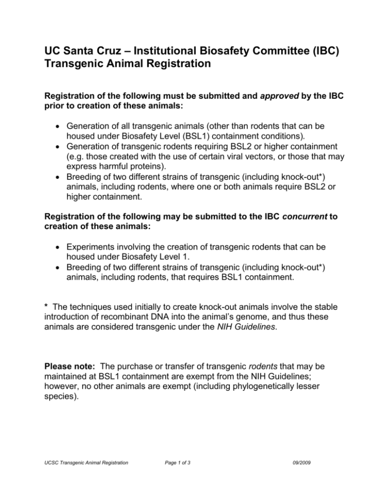 UCSC Transgenic Animal Registration Form