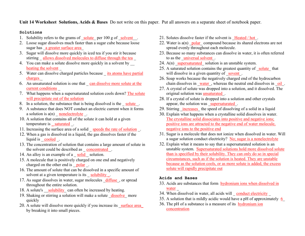 Unit  5 Worksheet Solutions, Acids & Bases Do not write on this paper With  Regard To Solutions Acids And Bases Worksheet