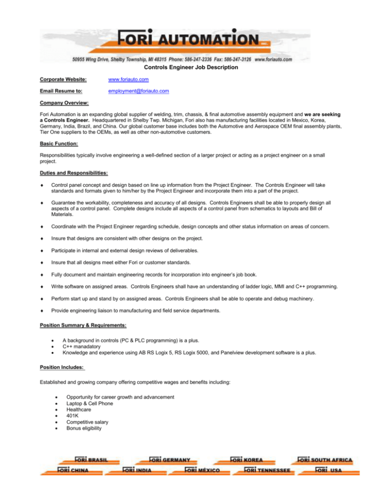 Industrial Controls Engineer Job Description