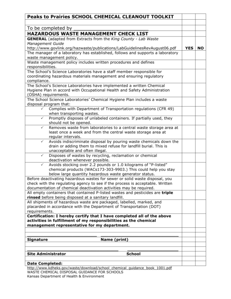 Hazardous Waste Management Checklist and BMPs