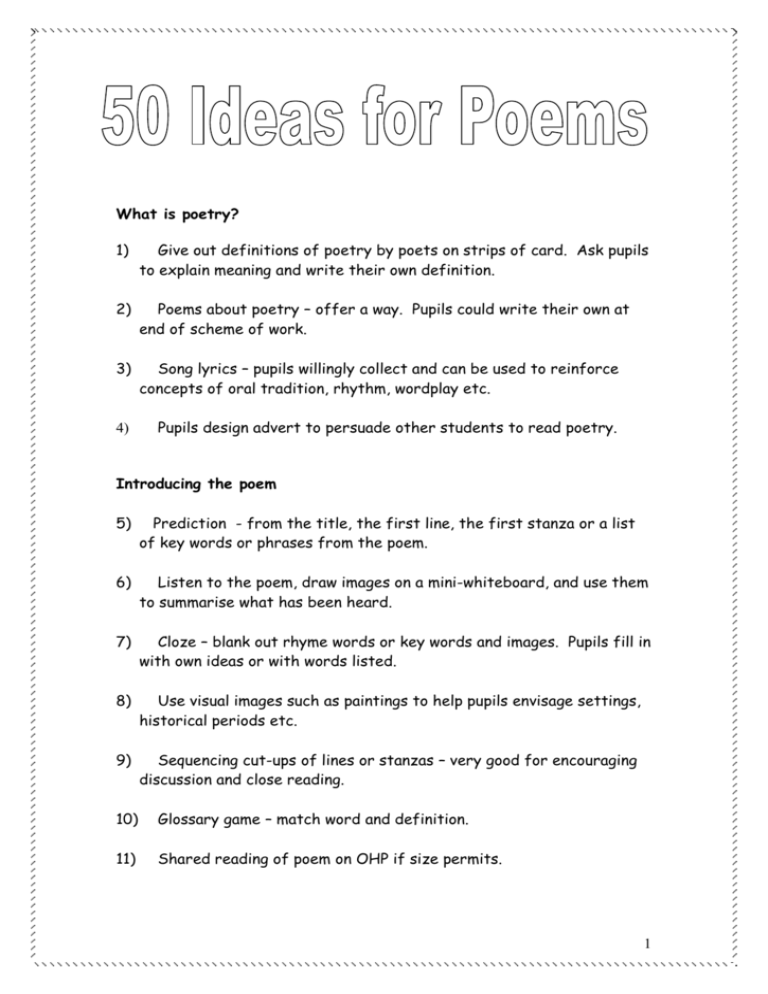 50 Ideas For Poems