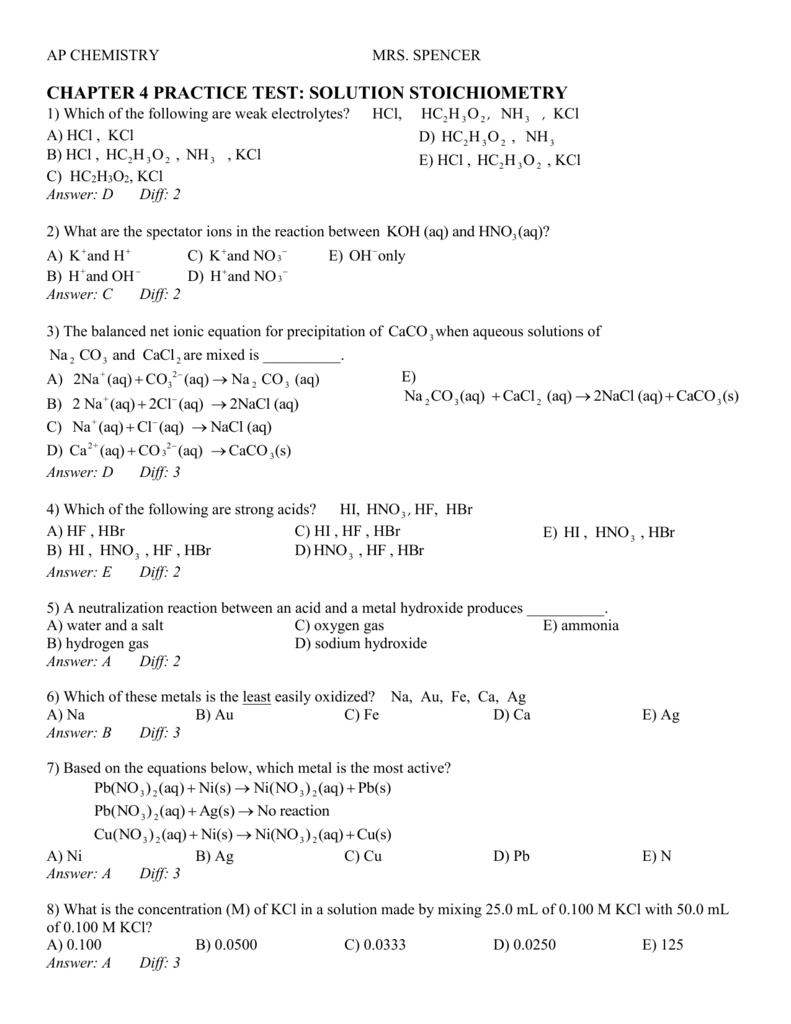 AP CHEMISTRY MRS. SPENCER CHAPTER 4 PRACTICE TEST