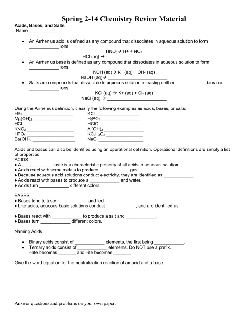 Worksheet: Acids, Bases, and Salts Review Pertaining To Solutions Acids And Bases Worksheet