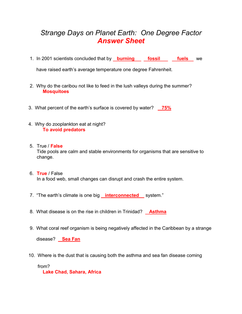 Strange Days On Planet Earth Worksheet Answers