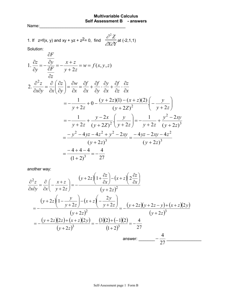 Calculus Iii Self Assessment B Exam 3 Chapter 14 Sanchez 97 3 4