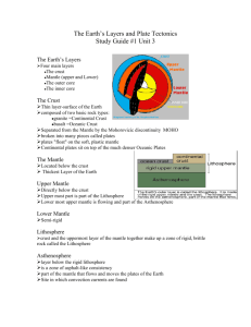The Earth`s Layers and Plate Tectonics Study Guide #1 Unit 3