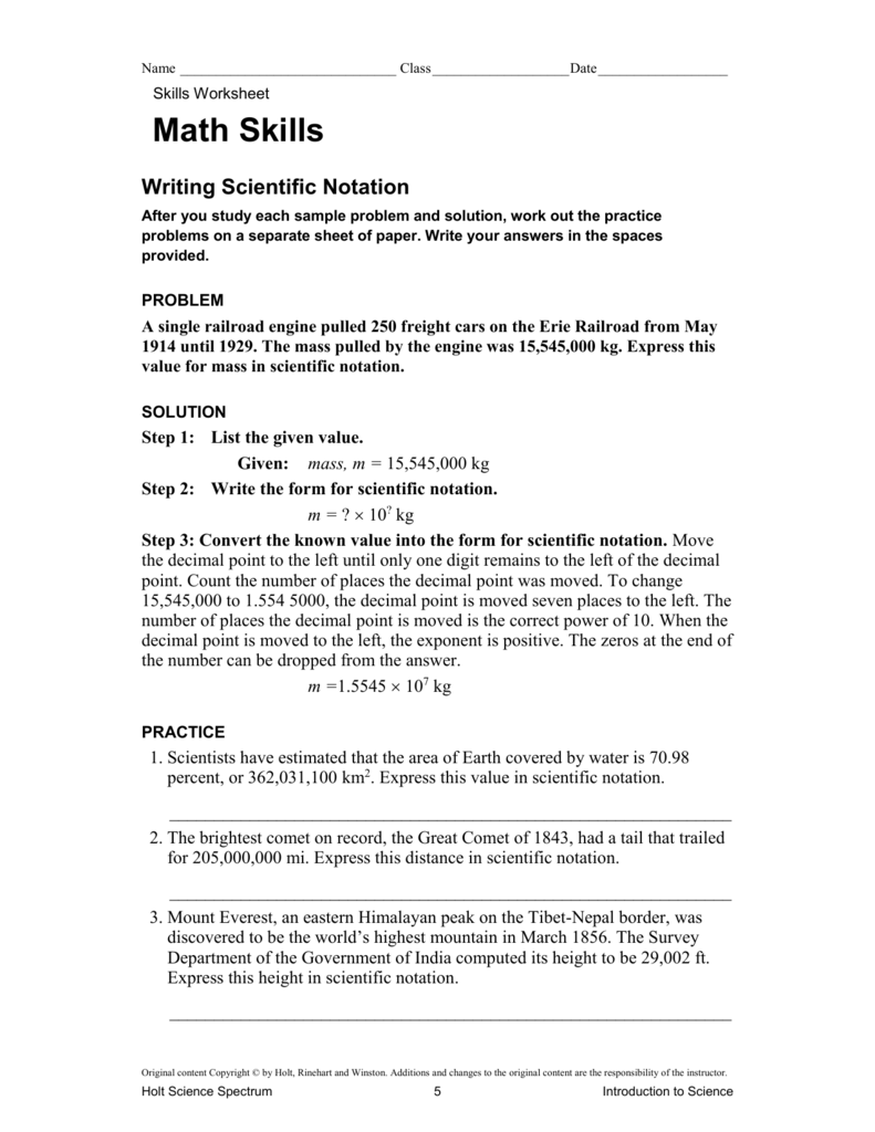 Scientific Notation For Science Skills Worksheet Answer Key