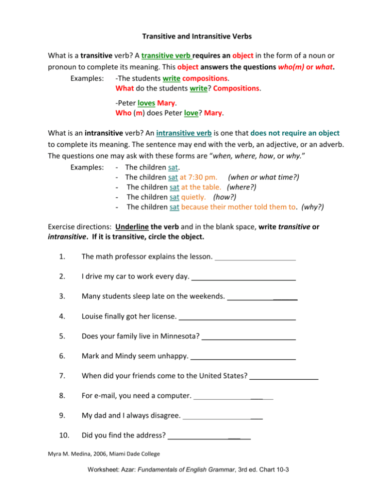 Lesson 5 Action Verbs Transitive And Intransitive Worksheet Answers