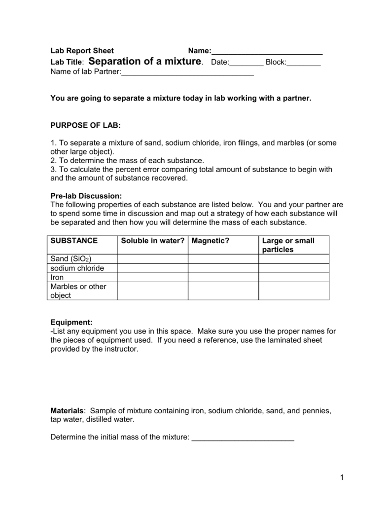 Separation Of A Mixture Lab Sheet