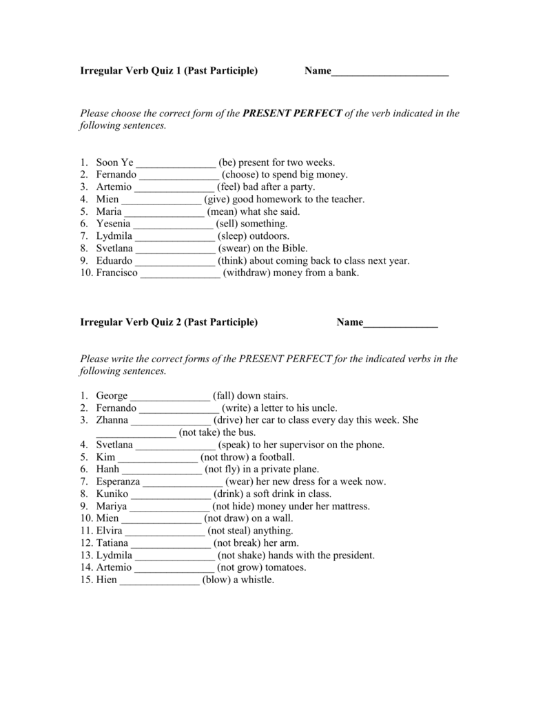 Irregular Verb Quiz Past Participle 