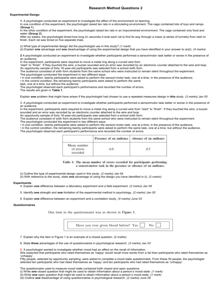 PSYB1 Research Method Questions 2 (Methods)