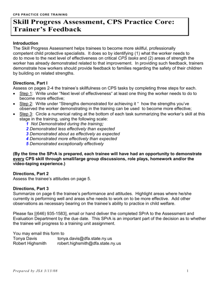 Skill Progress Assessment Cps Practice Core