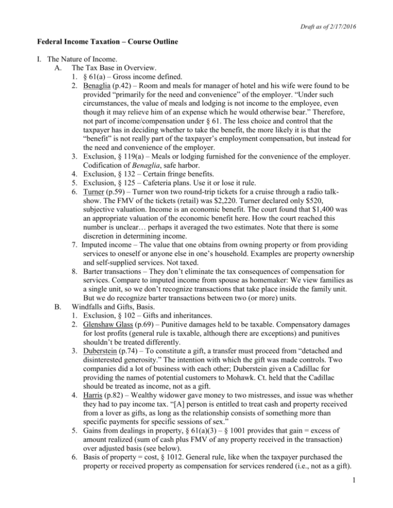 Federal Income Taxation Course Outline 0595