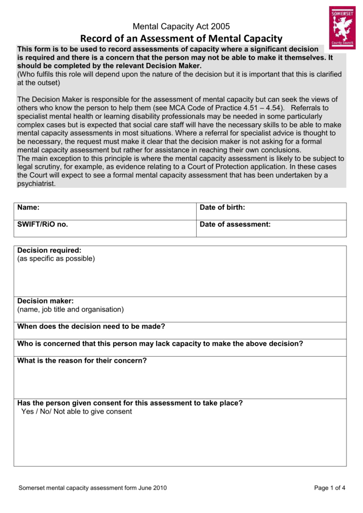 Record Of An Assessment Of Mental Capacity