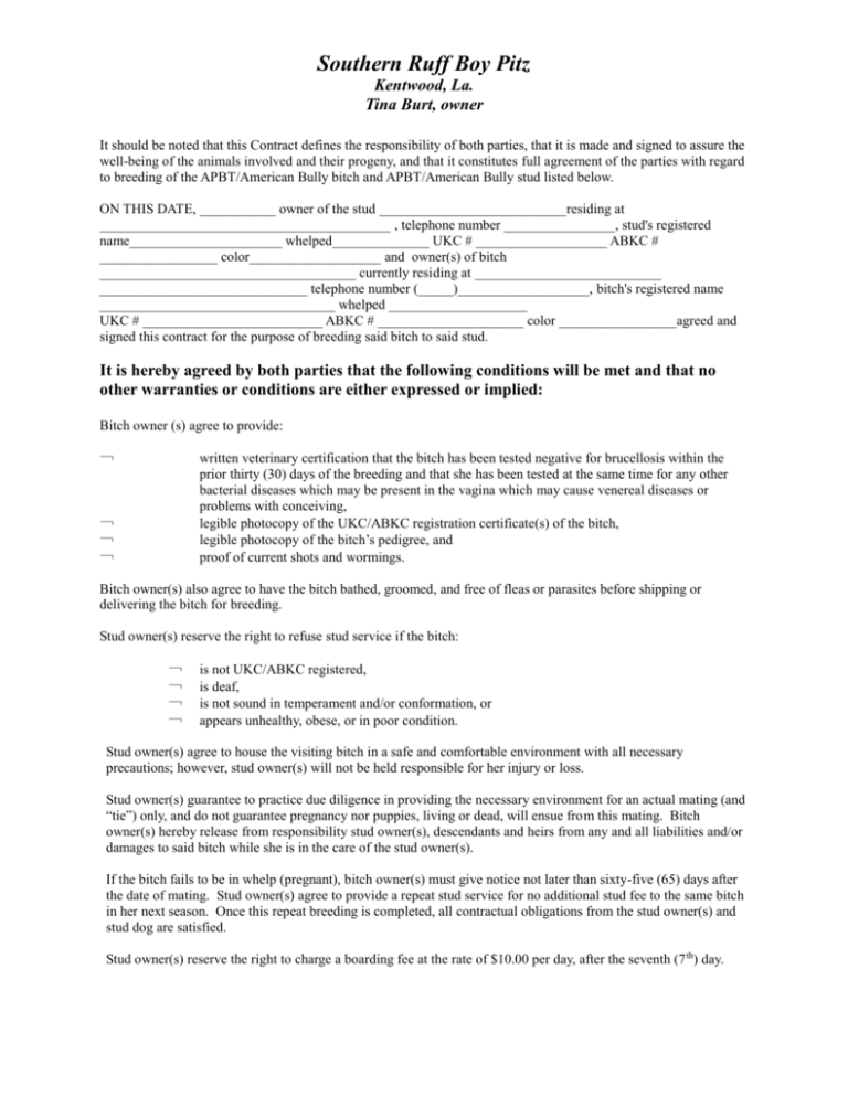 Printable Stud Dog Breeding Contract Template