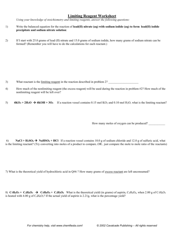 Limiting Reagent Worksheet