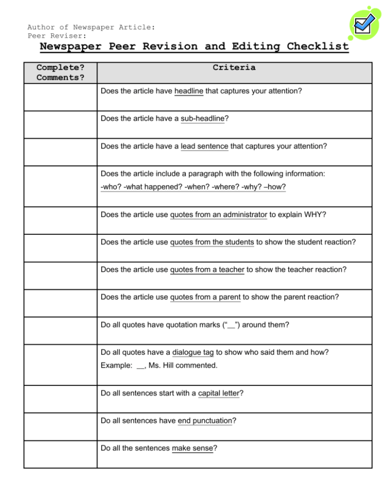 Newspaper Peer Revision And Editing Checklist