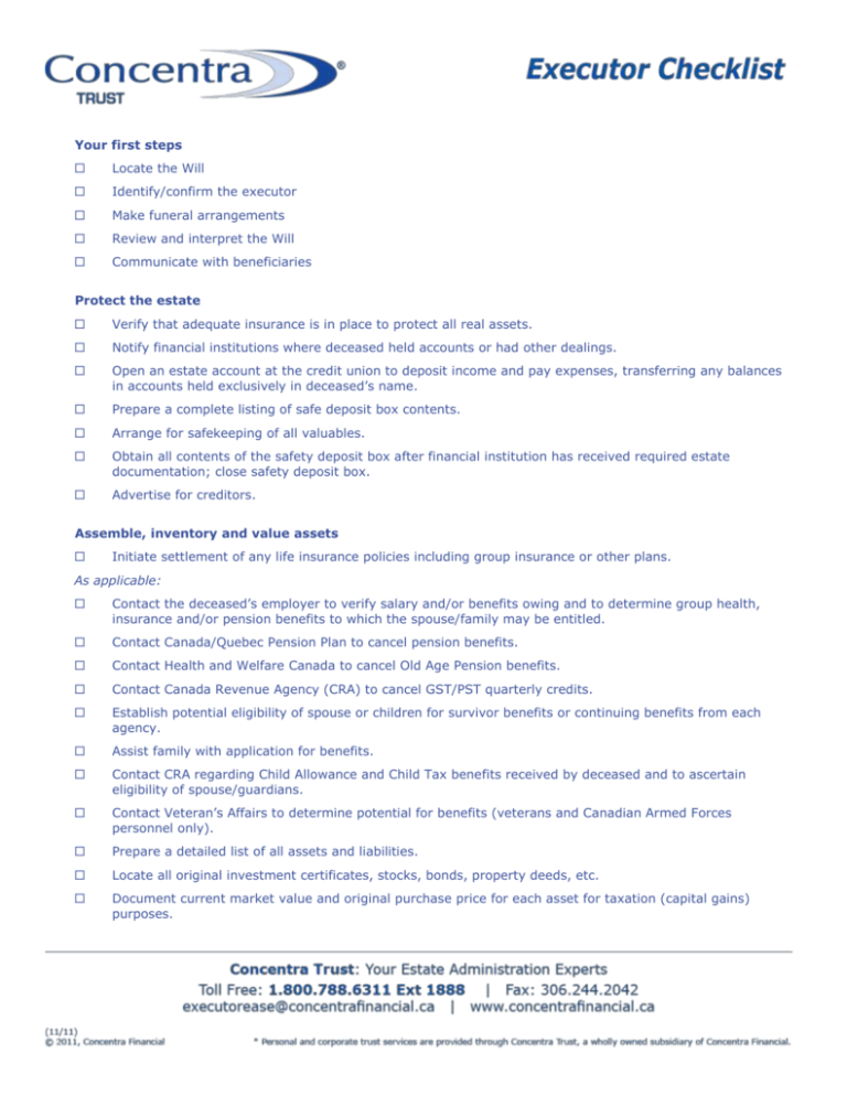 Executor Checklist Valley Credit Union