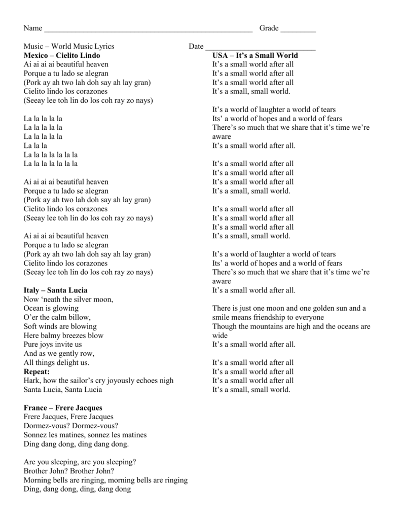 Lyrics For World Music Performance During Catholic Schools Week