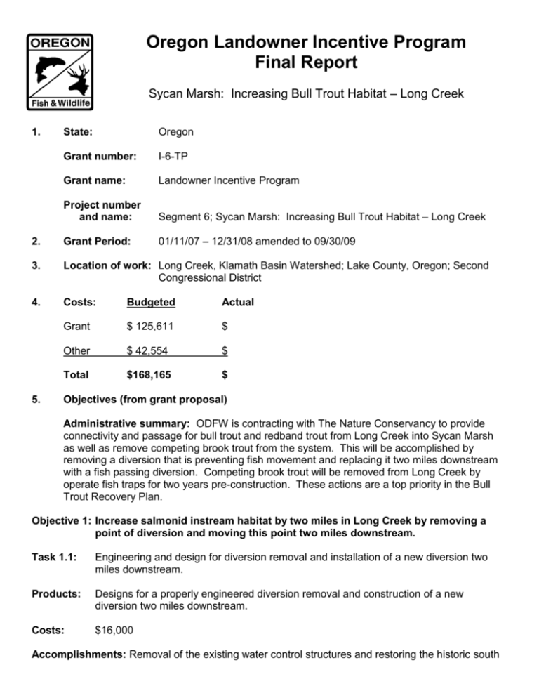 Final report to Oregon Department of Fish and Wildlife