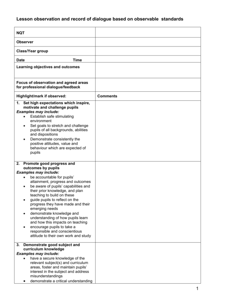 Lesson observation and record of dialogue based on observable