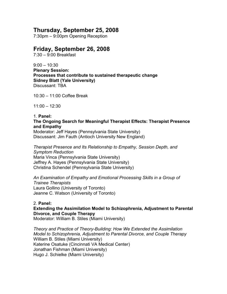 Thursday, September 25, 2008 - Society for Psychotherapy Research