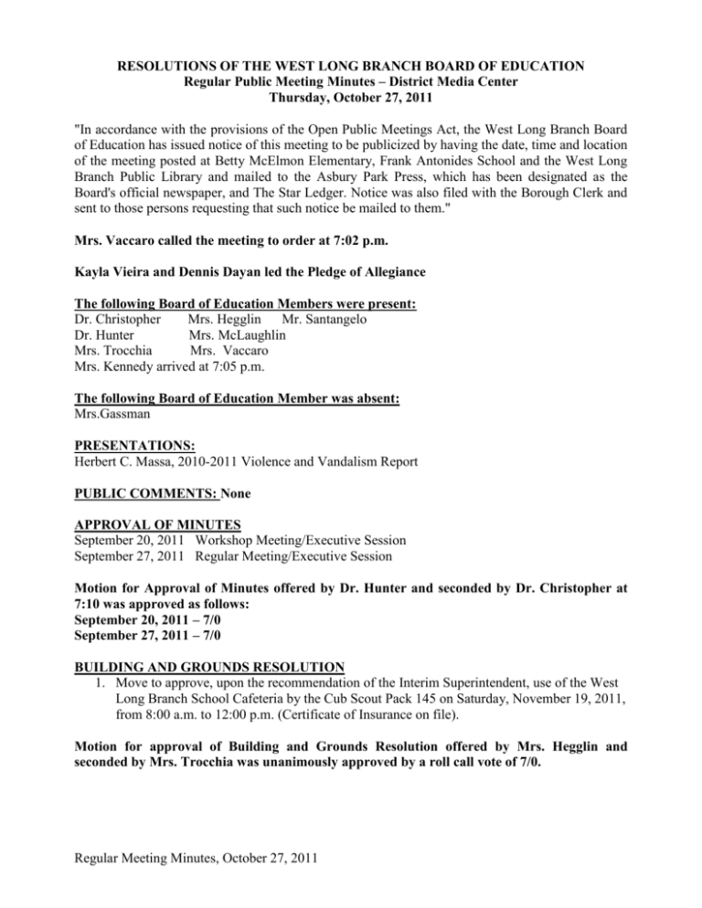 Approval Of Minutes West Long Branch School District