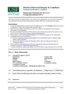 Registration Document for the Use of Exempt Recombinant DNA