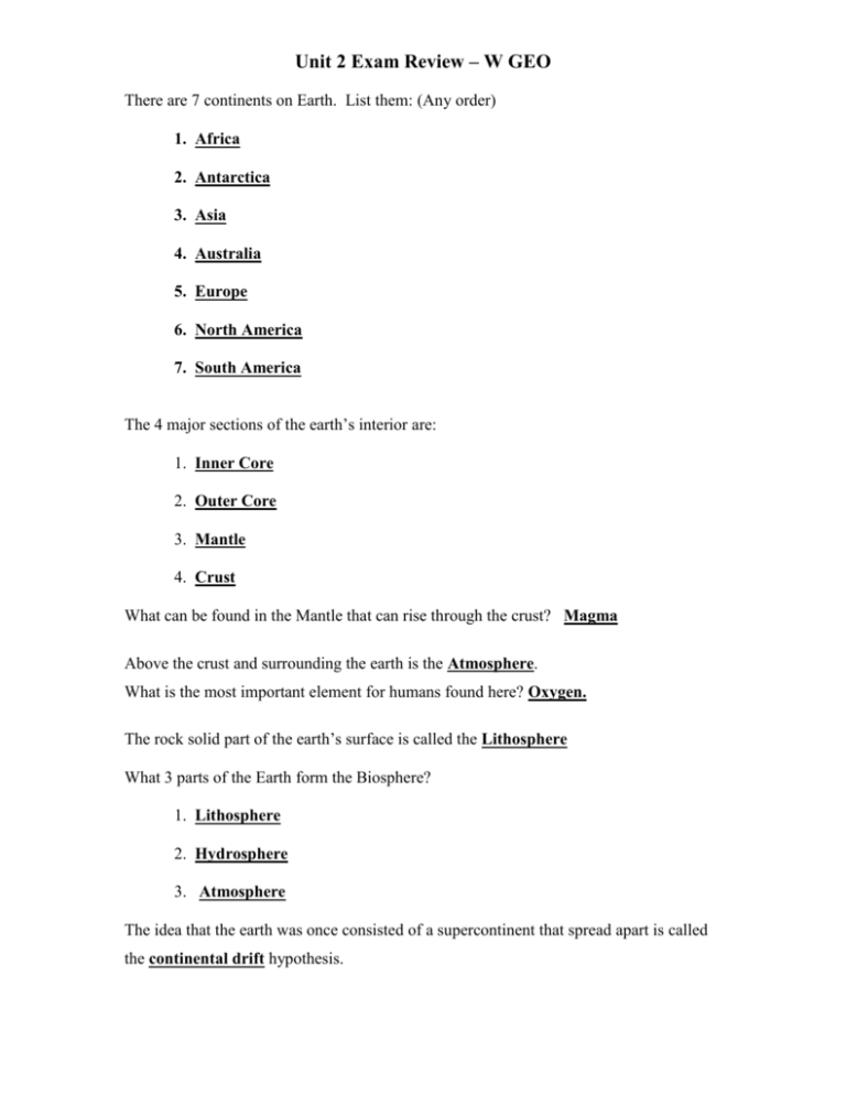 Unit 2 Exam Review W Geo There Are 7 Continents On Earth List