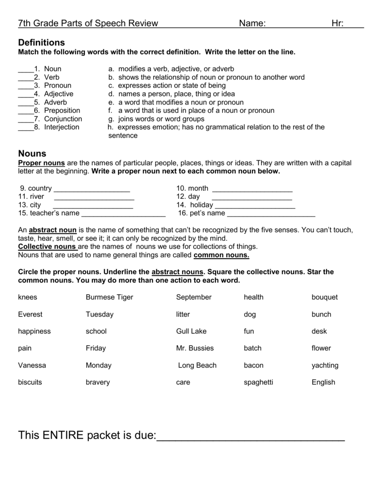 7th Grade Parts Of Speech Review Name 