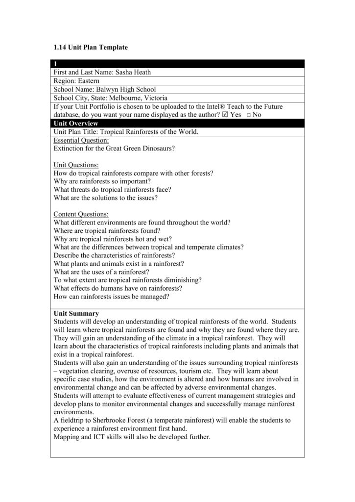 Tropical Rainforests Of The World Unit Plan